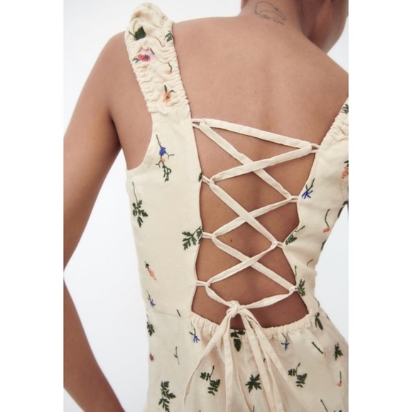 Zara Dresses & Skirts - Zara Midi Dress XL Cream Floral Embroidered Linen Flower Lace Up Back Slit Boho